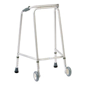 Lightweight aluminium walking frame with front wheels, rear rubber tips and padded handles, front view.