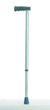 Lightweight silver adjustable walking stick with black handle and rubber tip, upright on a white background, front view.