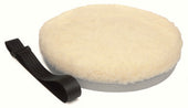 Round off-white swivel cushion with separate black strap, placed on a plain white background, top view.
