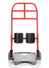 RoMedic ReTurn 7400 with red frame, black knee pads, wheels, grey platform, and adjustable leg supports, side view.
