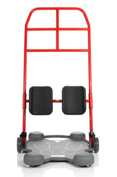 Red RoMedic ReTurn 7600 transfer aid with black padded supports and grey footplate, front view.
