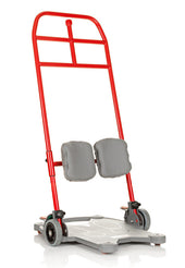 Red and grey RoMedic ReTurn 7500i sit-to-stand aid with padded supports and wheels, side view.