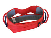 RoMedic ReTurn Belt in red and grey with blue handles and buckle for patient support, shown front view.