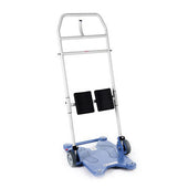 Blue manual standing aid with handlebar, foot platform, wheels and knee supports, front view.