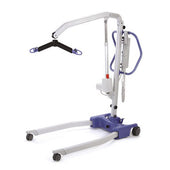 Foldable patient lift with wheels, blue and white frame, black sling bar for transfers, side view.