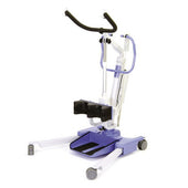 Purple and white standing aid with wheels, knee supports, and handlebars for moving patients, front view.