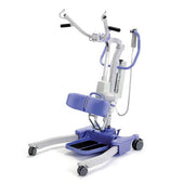 Purple and white standing aid with padded knee rest, handles, and wheeled base, side view.