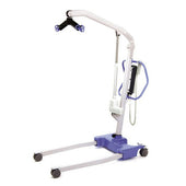 Heavy-duty mobile lift with four wheels, blue and white frame, and interchangeable overhead spreader bar, side view.
