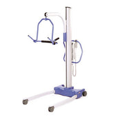Blue and white patient lift with wheels, lifting arm, and interchangeable spreader bar, side view.