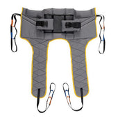 Grey Oxford Deluxe Transport Sling with yellow trim, leg supports, straps and buckles shown flat, top view.