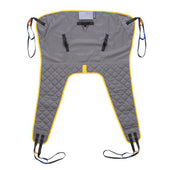 Grey Oxford Unifit Sling with yellow trim, padded leg sections, and four black hoist loops, front view.