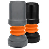 Pair of orange Flexyfoot shock absorbing ferrules in grey and black, accordion design, side by side, close-up.