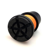 Grey Flexyfoot shock absorbing ferrule with textured circular base for walking sticks or furniture, close-up view.