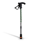 Blue Flexyfoot Derby Handle Telescopic Walking Stick with wide Flexyfoot ferrule, side view.