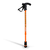 Orange telescopic walking stick with Derby handle, soft grip, wrist strap and Flexyfoot ferrule, side view.