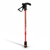Blue Flexyfoot walking stick with Derby handle and telescopic design, upright on white background, front view.