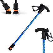 Blue telescopic walking stick with ergonomic black Derby handle, wrist strap, and orange Flexyfoot ferrule, front view.