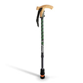 Black cork handle telescopic walking stick with wrist strap and flexible ferrule, upright position, front view.
