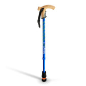 Orange Flexyfoot telescopic walking stick with cork handle, shown upright on a white background, front view.