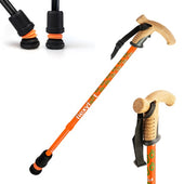 Orange Flexyfoot telescopic walking stick with cork handle, wrist strap and Flexyfoot ferrule, close-up and full-length views.