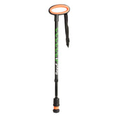 Orange telescopic walking stick with oval handle and flexible ferrule, adjustable height, side view.
