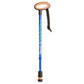 Blue Flexyfoot oval handle telescopic walking stick with orange soft grip, wrist strap and shock-absorbing ferrule, front view.