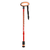Orange Flexyfoot telescopic walking stick with oval handle, black wrist strap, and flexible ferrule, front view.
