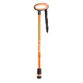 Orange Flexyfoot oval handle telescopic walking stick with adjustable height, wrist strap, and flexible ferrule, front view.