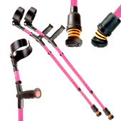 Pink Flexyfoot double adjustable crutches with soft grip handles and shock-absorbing tips, front view.