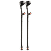Pink Flexyfoot double adjustable crutches with ergonomic soft grip handles, standing upright on white background, front view.