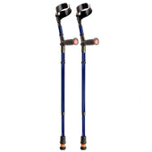 Blue Flexyfoot Soft Grip double adjustable crutches with ergonomic handles and black arm cuffs, Flexyfoot ferrule, side view.
