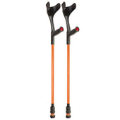 Pair of black Flexyfoot soft grip open cuff crutches standing upright, white background, front view.