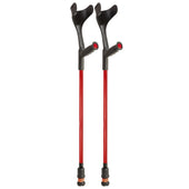 Red Flexyfoot open cuff crutches with black ergonomic handles, standing upright on white background, front view.