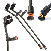 Pink Flexyfoot Comfort Grip double adjustable crutches, multiple angles.