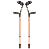 Pair of pink Flexyfoot Comfort Grip double adjustable crutches standing upright, front view.