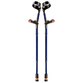 Pair of blue double adjustable crutches with ergonomic handles and black arm cuffs, upright front view.