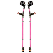 Pair of pink Flexyfoot Comfort Grip double adjustable crutches with black arm cuffs and ferrules, upright on white background, front view.