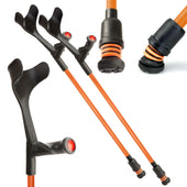 Pair of orange open cuff crutches with black ergonomic handles and shock-absorbing rubber tips, side view.