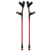 Blue Flexyfoot open cuff crutches with comfort grip handles, upright on a white background, front view.