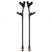 Blue Flexyfoot open cuff crutches with black ergonomic handles and a red button near the top, front view.