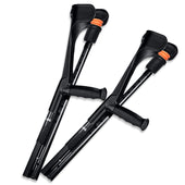 Red folding carbon fibre crutches with soft ergonomic handles and Flexyfoot ferrules, side view.