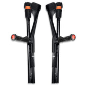 Black carbon fibre folding crutches with orange accents and ergonomic handles, front view.