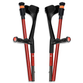 Black folding carbon fibre crutches with ergonomic handle and adjustable height, comfort grip design, side view.