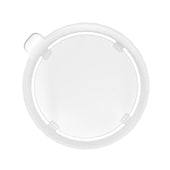 Round translucent silicone drinking lid with tab, dishwasher-safe, top view on white background.