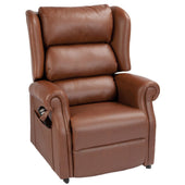 Brown leather dual motor tilt-in-space riser recliner chair with side pocket, traditional design, front angle view.