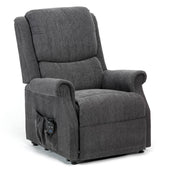 Electric riser chair in berry fabric with side pocket, Restwell Indiana Petite model, plain white background, front view.