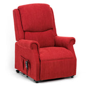 Berry red petite riser recliner chair with high back, cushioned arms, chenille fabric and remote pocket, front angle view.