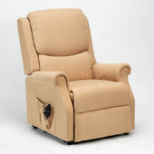 Restwell Indiana Petite Berry electric riser recliner chair with padded arms and side pocket, front view on white background.