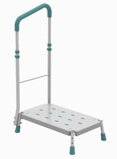 White step with teal accents, height-adjustable handles and anti-slip feet, front view.