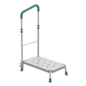 White step with teal accents, height-adjustable handles and anti-slip feet, front view.